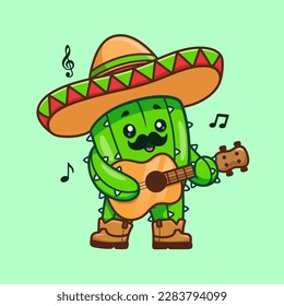 Cute Cactus Playing Guitar With Sombrero Hat Cartoon Vector Icon Illustration. Nature Holiday Icon Concept Isolated Premium Vector. Flat Cartoon Style
