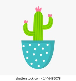 Cute cactus in polka dot pot. Vector illustration.