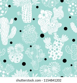 Cute cactus and polka dot. Seamless pattern.