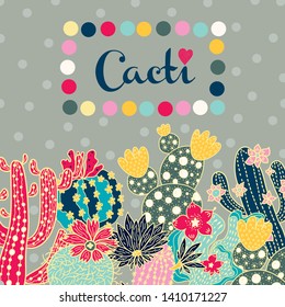Cute cactus and polka dots. Vector postcard.