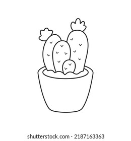 Cute cactus in pot. Cactus in black linear drawing style. Vector illustration isolated on white background