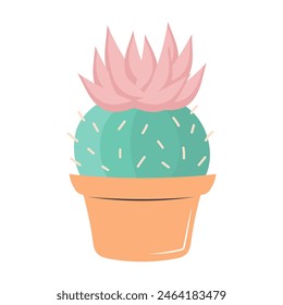Cute cactus in a pot. Blooming succulent. Vector illustration isolated on white background.