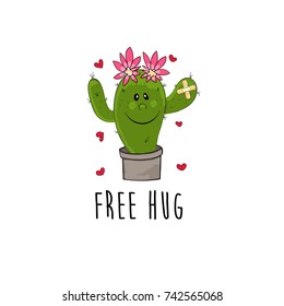 Cute cactus in pot cartoon with free hug message, vector illustration
