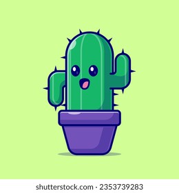 Cute Cactus In Pot Cartoon Vector Icon Illustration. Nature Object Icon Concept Isolated Premium Vector. Flat Cartoon Style