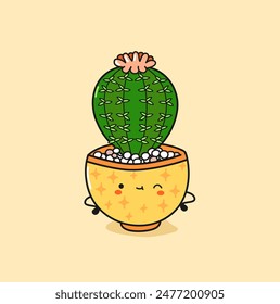 Cute cactus in pot character. Cartoon vector illustration in kawaii style