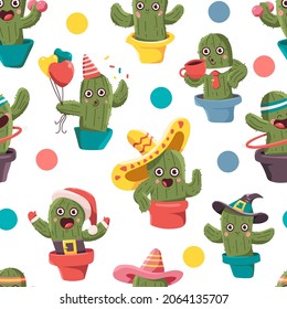 Cute cactus in pot characters vector cartoon seamless pattern background for wallpaper, wrapping, packing, and backdrop.
