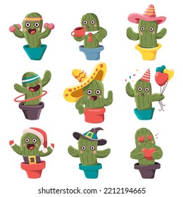 Cute cactus in pot characters vector cartoon set isolated on a white background.