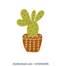 Cute cactus in a pot. Colorful vector isolated doodle illustration. Hand drawn print, icon, single flower clip art or cadr. Potted exotic plant