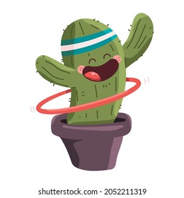 Cute cactus in pot doing exercise with hula hoop vector cartoon character isolated on a white background.