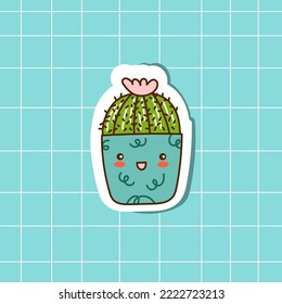 Cute cactus in a pot drawn by hand draw. Mexican cactus sticker. Vector doodle illustration