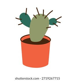 Lindo cactus en una olla dibujada en estilo doodle simple. Planta sonriente amistosa con las Formas suaves, ilustración infantil para los diseños de los niños, pegatinas, decoración del vivero y proyectos creativos juguetones