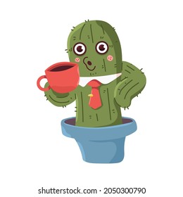 Cute cactus in pot drink coffee vector cartoon character isolated on a white background.