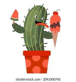 Cute Cactus In A Pot Eating Ice Cream. Vector Clipart.