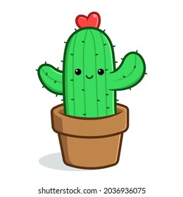 Cute cactus in a pot, green funny cactus say hello. Cactus cartoon vector illustration isolated in white bakcground.
