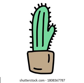Cactus lindo en la olla, dibujo a mano. La colorida planta de la casa al estilo del doodle. Ilustración vectorial aislada en fondo blanco.