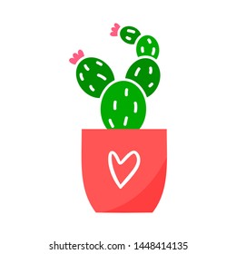 Cute cactus in pot with heart. Vector illustration.