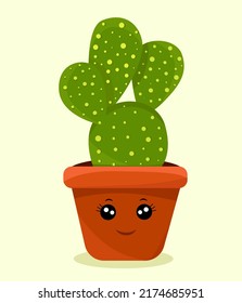 Cute cactus in a pot. Potted plant character
