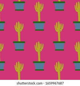 Cute cactus in pot seamless pattern on pink background. Doodle botanical exotic wallpaper. Trendy design for fabric, textile print, wrapping paper, kitchen textiles. Vector illustration