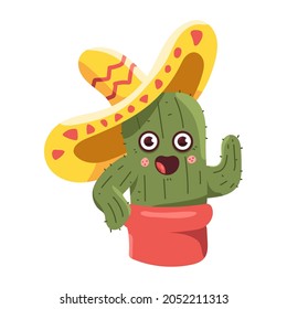 Cute cactus in pot in sombrero hat vector cartoon character isolated on a white background.