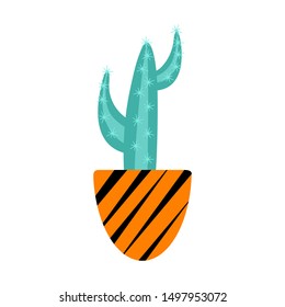 Cute cactus in pot with stripes. Houseplants isolated on white background. Flat vector illustration.