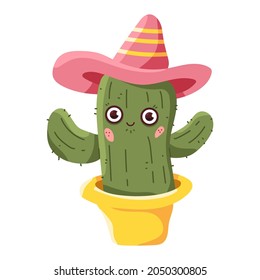 Cute cactus in pot in sunhat vector cartoon character isolated on a white background.