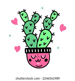 Cute cactus in a pot vector icon. Hand drawn doodle isolated on white. Funny prickly succulent. Smiling kawaii face on a flower pot. Flat cartoon clipart, childish illustration. For cards, posters