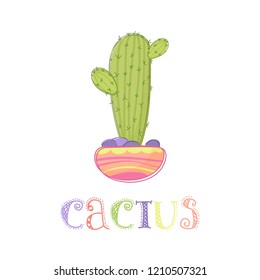 Cute cactus in a pot vector illustration. Painted by hand Plant cactus logo isolated.