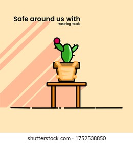 Cute cactus in the pot vector MBE styles, Safe around us with wearing mask