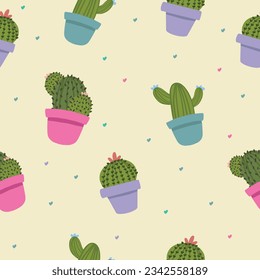 cute cactus pots with doodle or han draw stlye by pastel bright color,seamless pattern for your design print,shirt,bag,wrape and other artwork