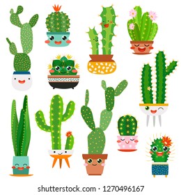 Cute cactus pots. Happy face cartoon succulent cacti funny flower smile plant lovely friends, desert garden trendy cactuses