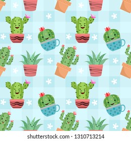  Cute cactus in pots seamless pattern.