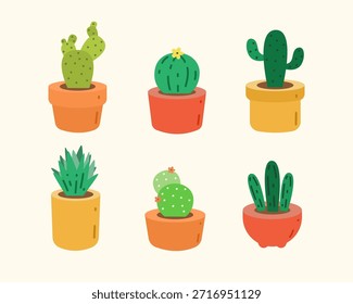 Lindo cactus en macetas, Ilustración vectorial suculenta de diseño plano