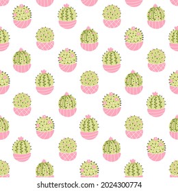 Cute cactus in pots - vector seamless pattern. Summer abstract modern cactuses isolated in background. For printing baby textiles, fabrics. Trendy hand draw scandinavian cartoon style.