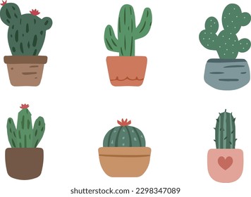 Cute cactus potted plant vector illustration set