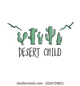 Cute cactus print in the boho style. Modern hand drawn cacti and mountains design for poster, card, bag and t-shirt, cover. Vector