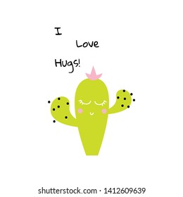 Cute cactus print for t shirt. I love hugs slogan for tee.