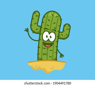 Cute cactus say hi friendly greeting with waving hand cartoon character mascot vector illustration