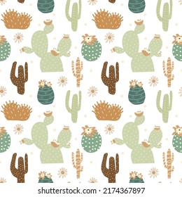 Cute cactus seamless pattern background. Hand drawn desert cacti repeat texture. Summer floral print in scandinavian style. Vector endless illustration