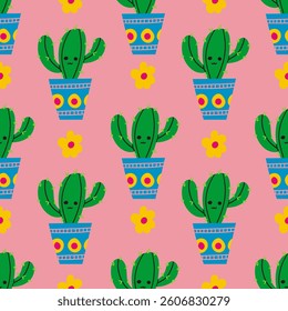 Cute cactus seamless pattern. Botanical cute character illustration for textile wallpaper texture on your project.