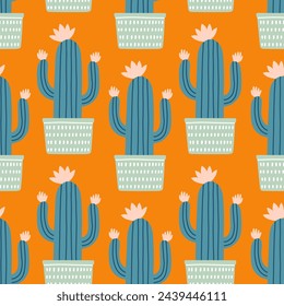 Cute cactus seamless pattern. Desert spiny plant, mexico cacti flower and tropical home plants.