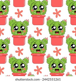 Joli motif de cactus harmonieux. plante épineuse du désert, fleur de cactus mexicain et plantes tropicales à la maison.Motif harmonieux de cactus dessiné à la main de Kawaii.