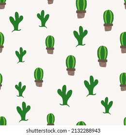 Cute cactus seamless pattern in doodles hand drawn cartoon style. Modern bright repeated texture with green cacti and desert plants for scrapbook, print, wallpaper, wrap gift, card, fabric.