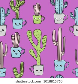 Cute cactus seamless pattern. Hand drawn vector illustration colorful pastel style.