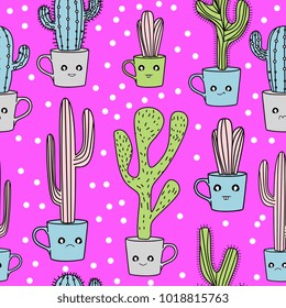 Cute cactus seamless pattern. Hand drawn vector illustration colorful pastel style.