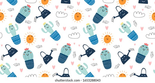 Cute cactus seamless pattern. Hand drawn vector illustration, funny botanical childish drawing. 