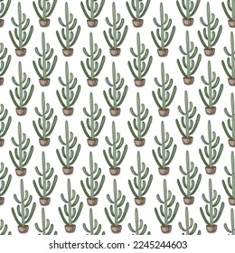 Cute cactus seamless pattern with hearts in green, pink and white colors. Vector funny nature background. Mexican design