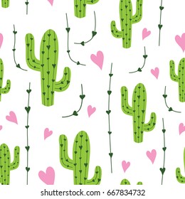 Cute cactus seamless pattern with hearts in green, pink and white colors. Vector funny nature background. Mexican design