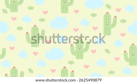 Cute Cactus Seamless Pattern with Hearts and Clouds Background. Adorable seamless pattern featuring smiling cactus characters, pink hearts, and soft blue clouds on a pastel background.