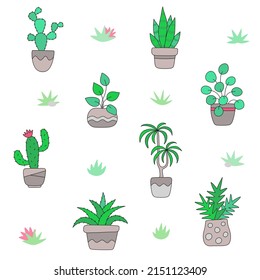 Cute cactus seamless pattern with a houseplant in a pot on a white background. Vector repeated texture with green cacti and desert plants. Summer hand drawing floral doodle print.