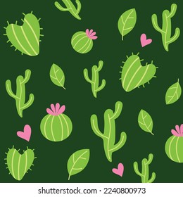 Cute Cactus Seamless Pattern with Love Elements and leafs Vector Art Illustration Background Design